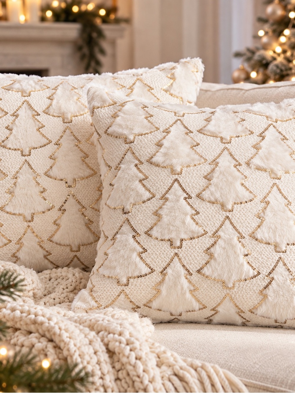2/$25 NEW Christmas Tree Pillow Covers Set of 2 Ivory Gold Sequin Plush 18x18